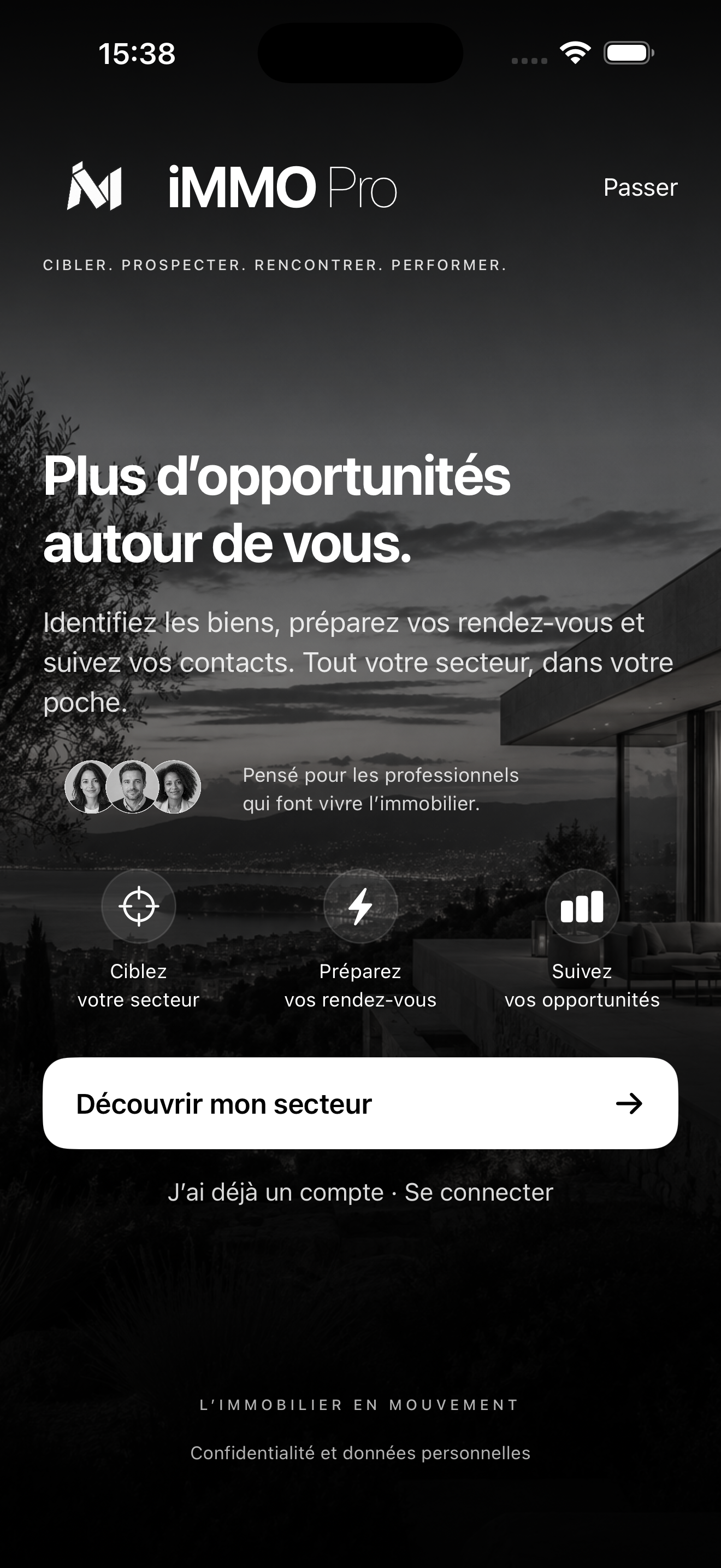 Écran d’accueil photographique de l’application