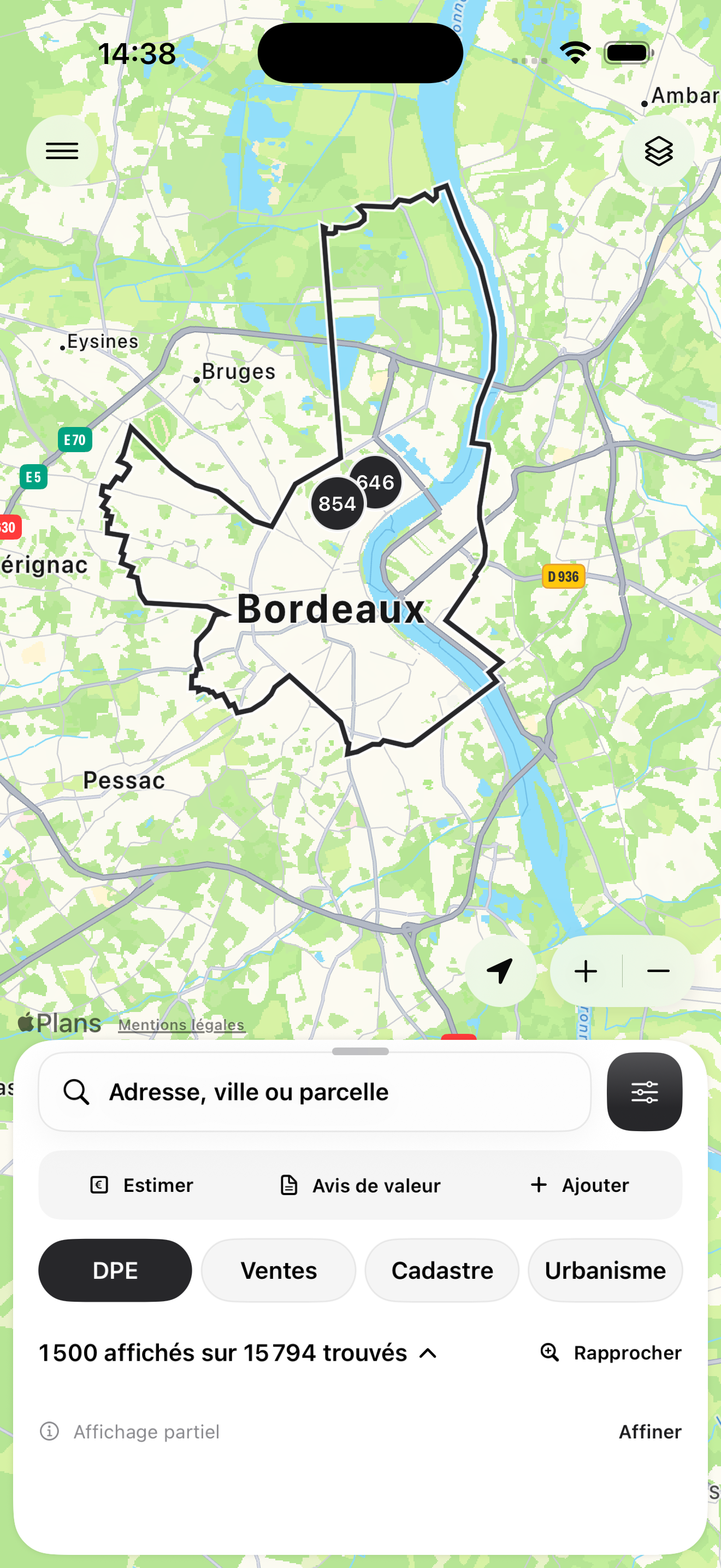 La carte de Bordeaux avec son contour communal réel et les actions Estimer, Avis de valeur et Ajouter